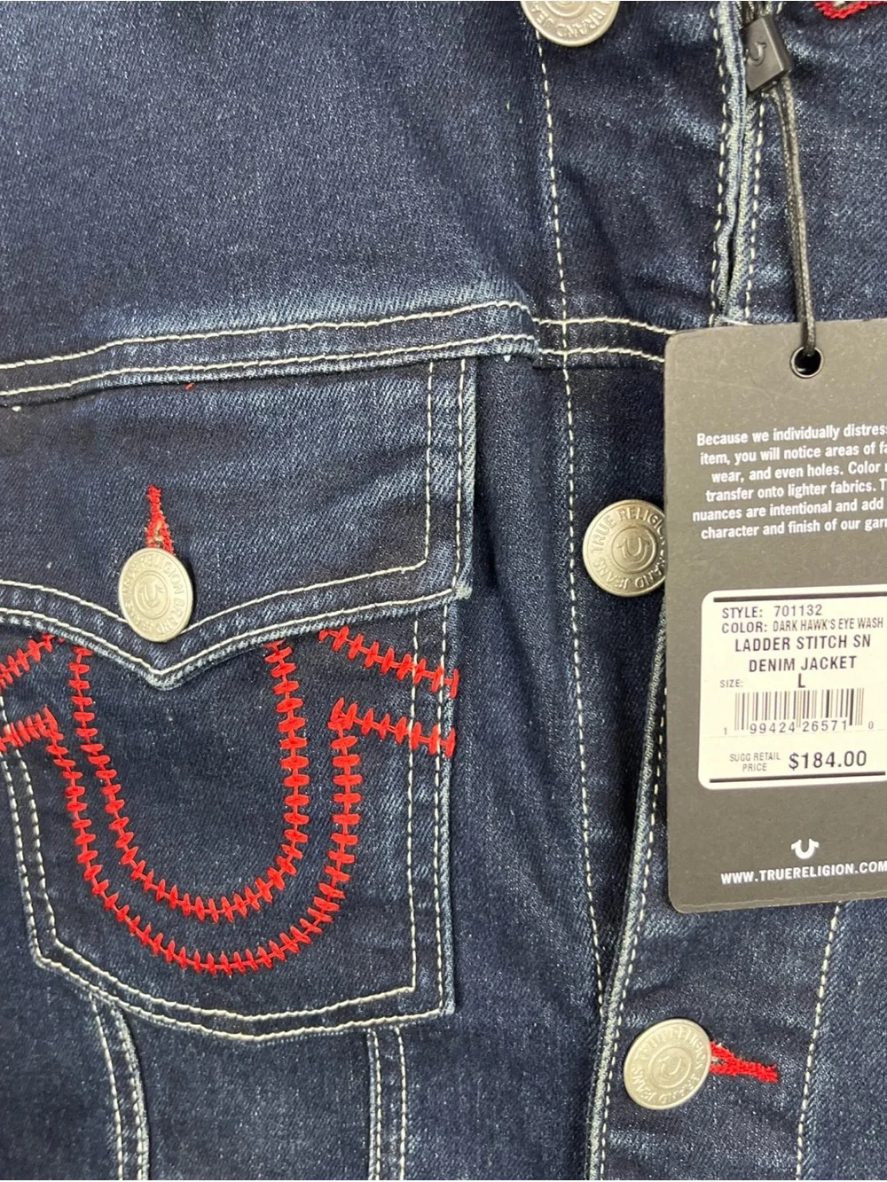 True Religion Denim Jacket Red Ladder Stitch Men’s Large Dark Wash MSRP $184 New